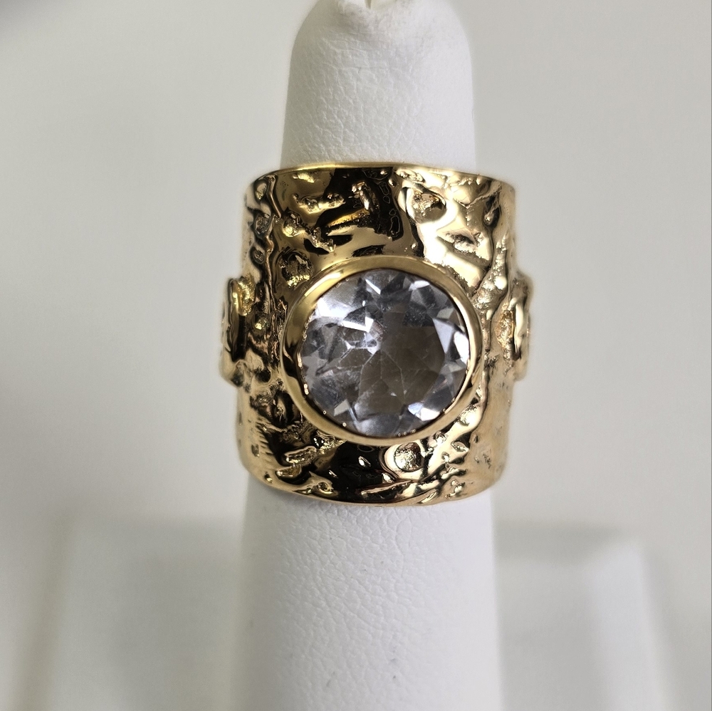 Sterling Silver 925 Gold Textured Ring with Clear Stone